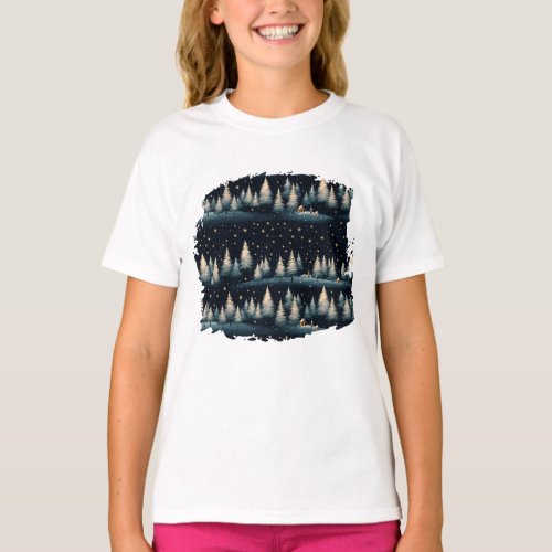 Starry Winter Forest Night Girls T_Shirts