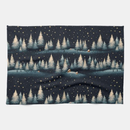 Starry Winter Forest Night Kitchen Towel