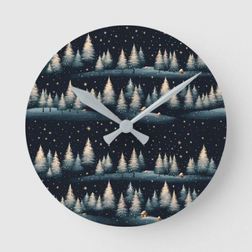 Starry Winter Forest Night Round Clock