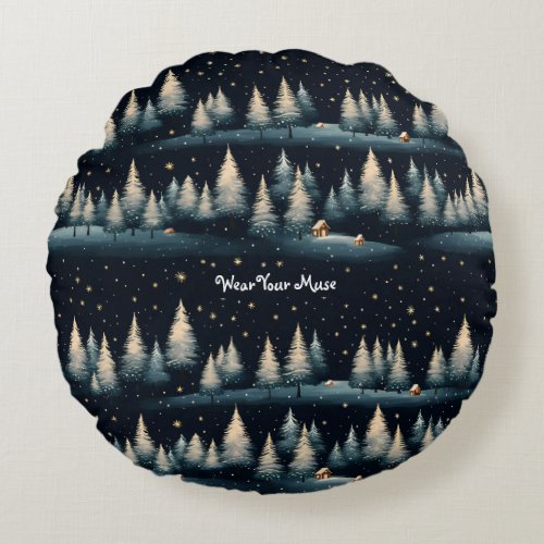 Starry Winter Forest Night Round Pillow
