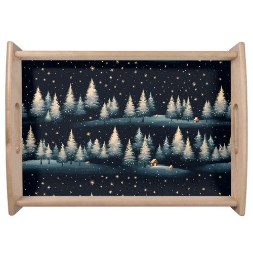 Starry Winter Forest Night serving tray