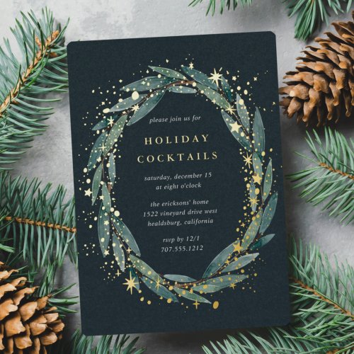 Starry Winter Laurel  Holiday Party Foil Invitation