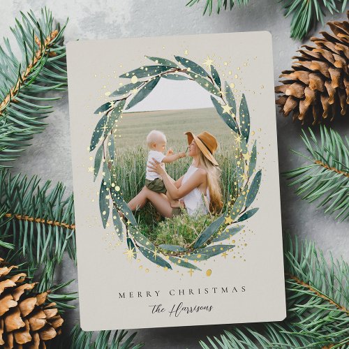 Starry Winter Laurel  Photo Foil Holiday Card