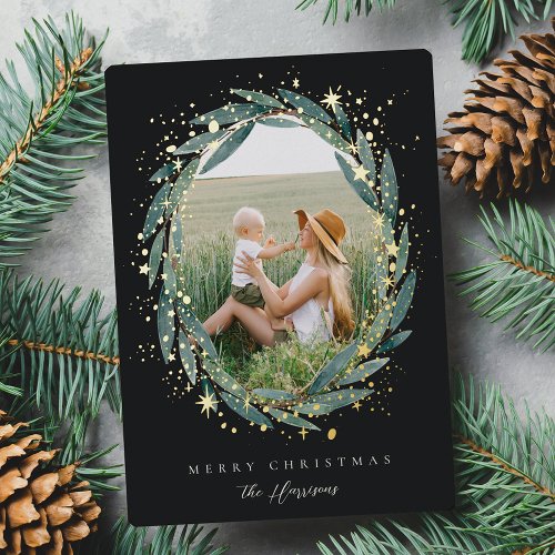 Starry Winter Laurel  Photo Foil Holiday Card