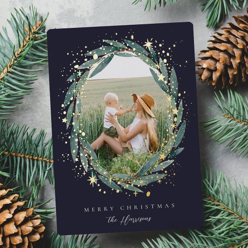 Starry Winter Laurel  Photo Foil Holiday Card