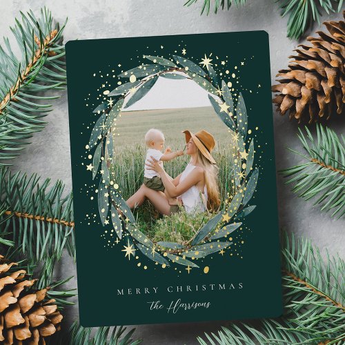 Starry Winter Laurel  Photo Foil Holiday Card