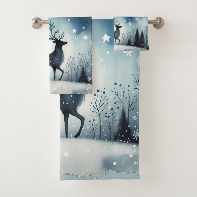 Starry Winter Night Deer Bath Towel Set (Insitu)
