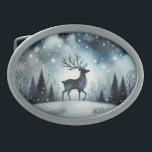 Starry Winter Night Deer Belt Buckle<br><div class="desc">A graceful stag stands beneath a shimmering winter sky, framed by snow-dusted pines and delicate bare trees. The deep midnight blues fade into frosty whites, while stars and snowflakes scatter like jewels across the heavens. This dreamy woodland scene captures the quiet wonder of a snowy night, blending cottagecore warmth with...</div>