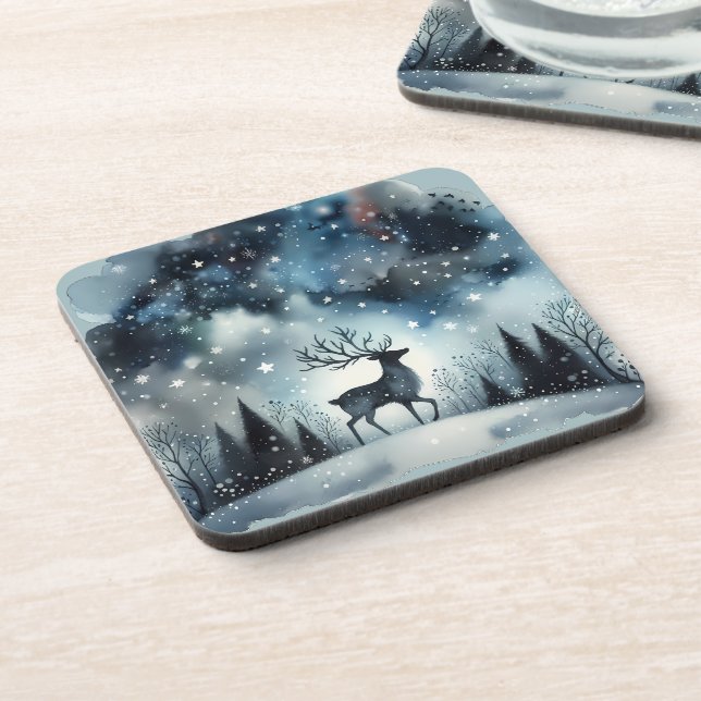 Starry Winter Night Deer Beverage Coaster (Left Side)