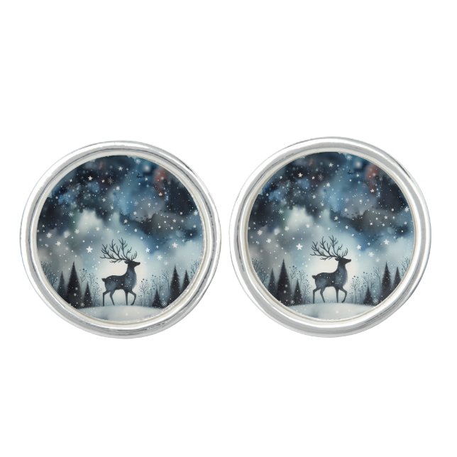 Starry Winter Night Deer Cufflinks (Front)