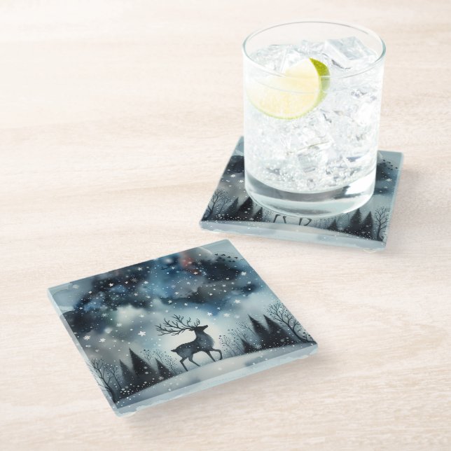 Starry Winter Night Deer Glass Coaster (Angled)