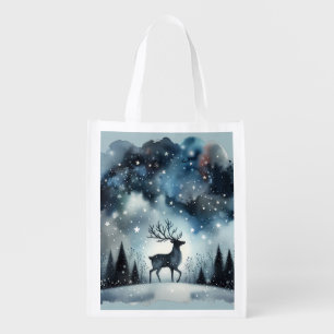 Starry Winter Night Deer Grocery Bag