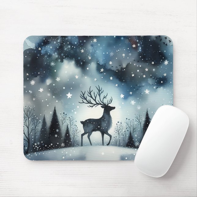 Starry Winter Night Deer Mouse Pad (With Mouse)