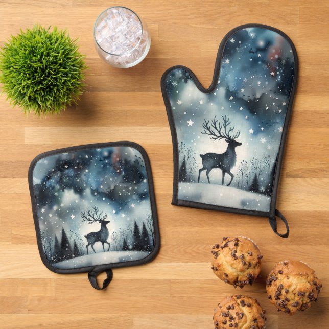 Starry Winter Night Deer  Oven Mitt & Pot Holder Set (Top Down)