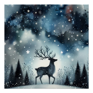 Starry Winter Night Deer Poster