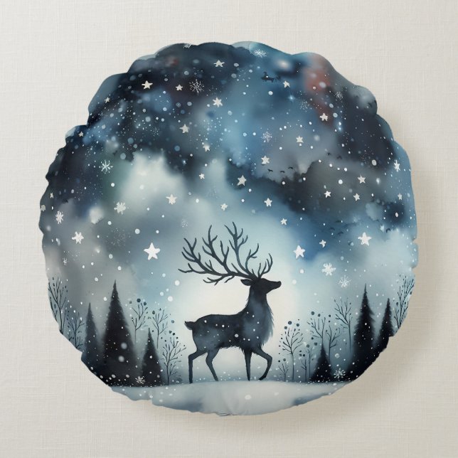 Starry Winter Night Deer Round Pillow (Front)