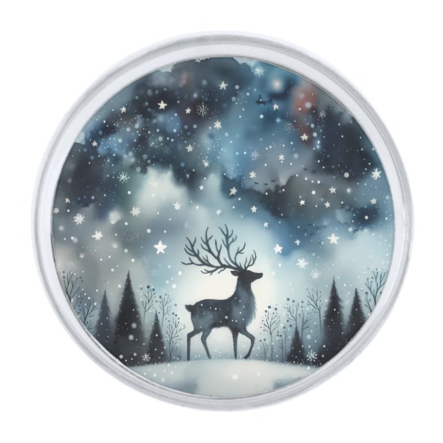 Starry Winter Night Deer Silver Finish Lapel Pin (Front)