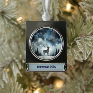 Starry Winter Night Deer Silver Plated Banner Ornament