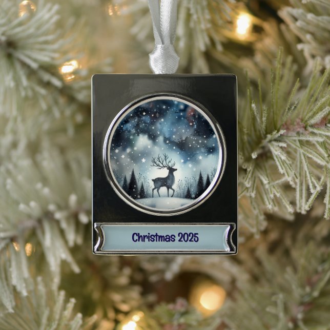 Starry Winter Night Deer Silver Plated Banner Ornament (Tree)