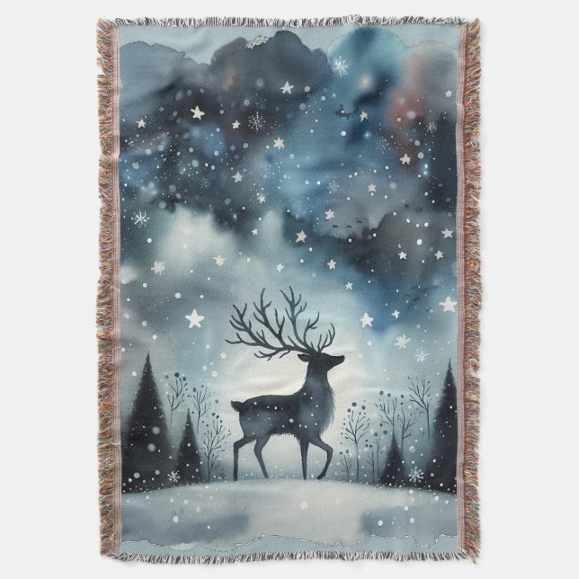 Starry Winter Night Deer  Throw Blanket (Front Vertical)