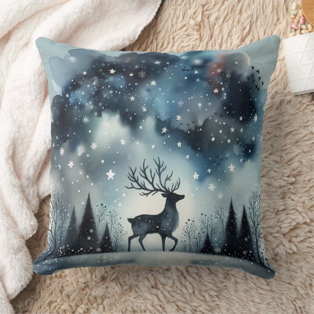 Starry Winter Night Deer Throw Pillow (Blanket)