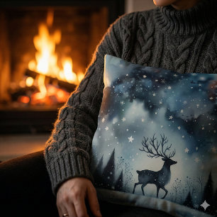 Starry Winter Night Deer Throw Pillow