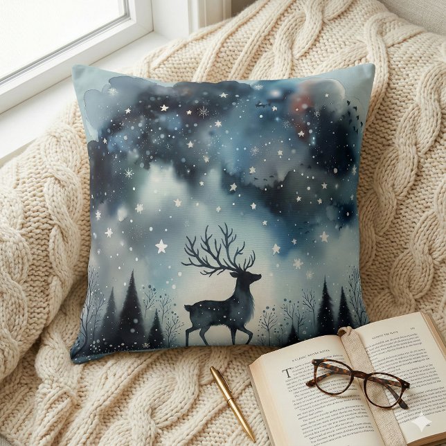 Starry Winter Night Deer Throw Pillow (Starry Winter Night Deer Throw Pillow Mockup A)