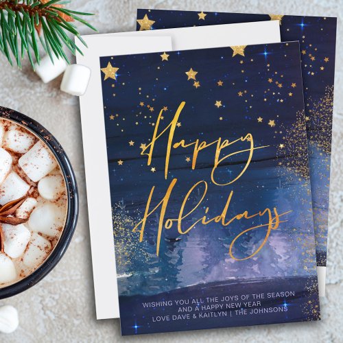 Starry Winter Night Happy Holidays Blue and Gold Holiday Card