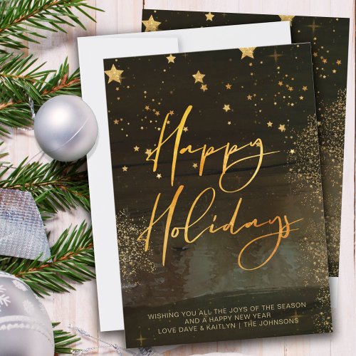 Starry Winter Night Happy Holidays Gold Script Holiday Card