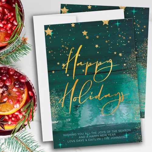 Starry Winter Night Happy Holidays Green Gold Holiday Card