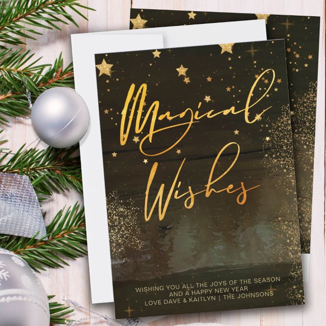 Starry Winter Night Magical Wishes Gold Script Holiday Card (Creator Uploaded)