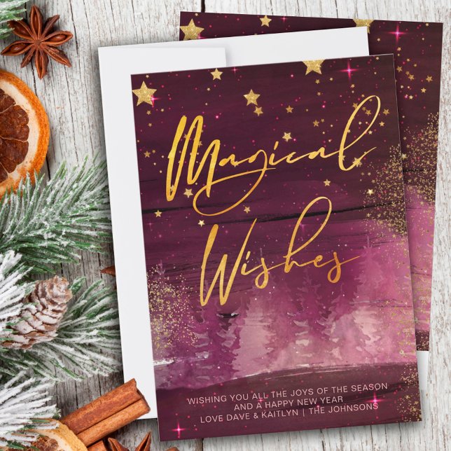 Starry Winter Night Magical Wishes Ruby and Gold Holiday Card (Creator Uploaded)