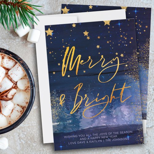 Starry Winter Night Merry and Bright Blue and Gold Holiday Card