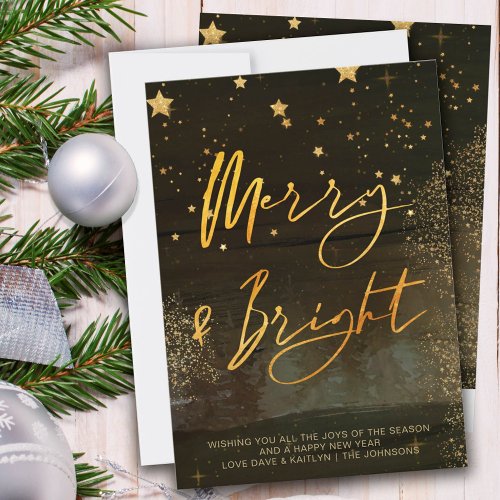 Starry Winter Night Merry and Bright Gold Script Holiday Card
