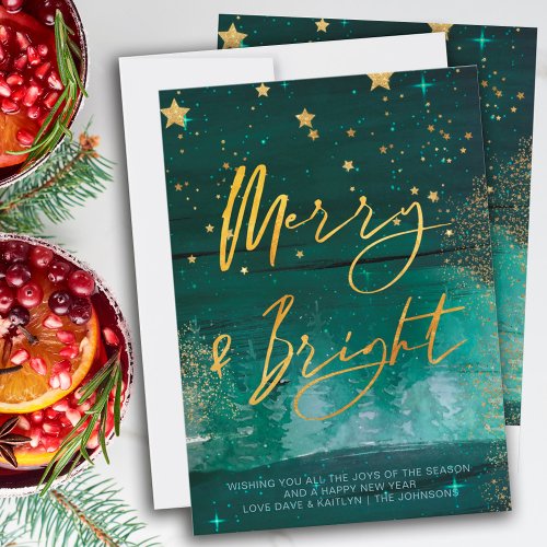 Starry Winter Night Merry and Bright Green Gold Holiday Card