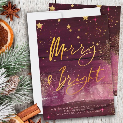 Starry Winter Night Merry and Bright Ruby Gold Holiday Card