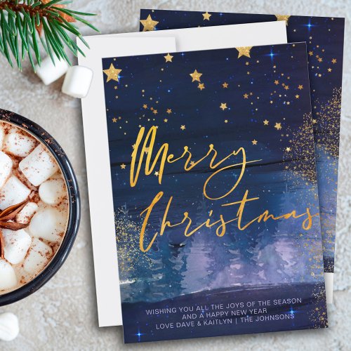Starry Winter Night Merry Christmas Blue Gold Holi Holiday Card