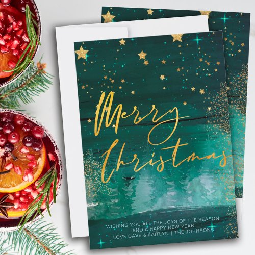 Starry Winter Night Merry Christmas Green Gold Holiday Card