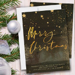 Starry Winter Night Merry Christmas Script Gold Holiday Card<br><div class="desc">Starry winter night Merry Christmas holiday card with elegant gold script calligraphy. This chic and modern design combines watercolor brush strokes, gold stars, starlight glow, gold dust and a misty forest. It is hand lettered with Merry Christmas and the template is set up for you to add your personalized greeting....</div>