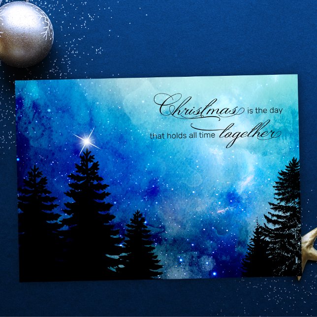 Starry Winter Night w/Stars, Pine & Christmas Text Holiday Card (Creator Uploaded)