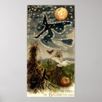Starry Witch on Broomstick Poster