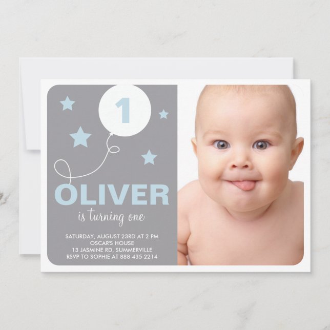 Stars and Balloon Photo Birthday Party Invitation (Front)