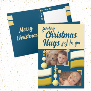 Stars and baubles christmas hugs gold and blue holiday card