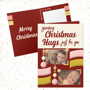 Stars and baubles christmas hugs gold and burgundy holiday card