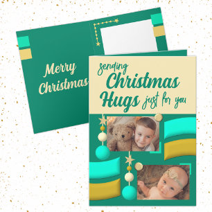Stars and baubles christmas hugs gold and green holiday card