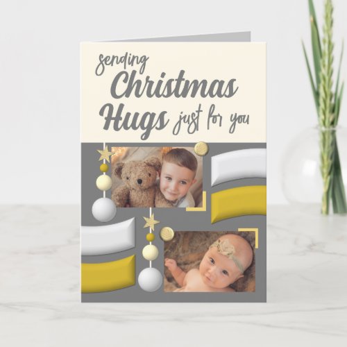 Stars and baubles christmas hugs gold and grey holiday card