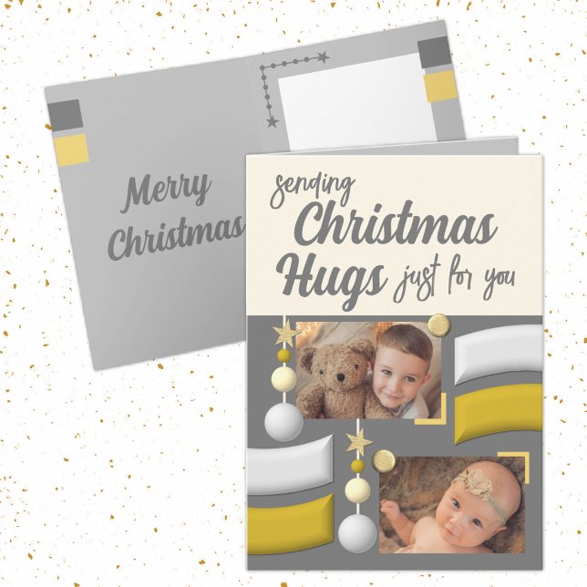 Stars and baubles christmas hugs gold and grey holiday card (Creator Uploaded)