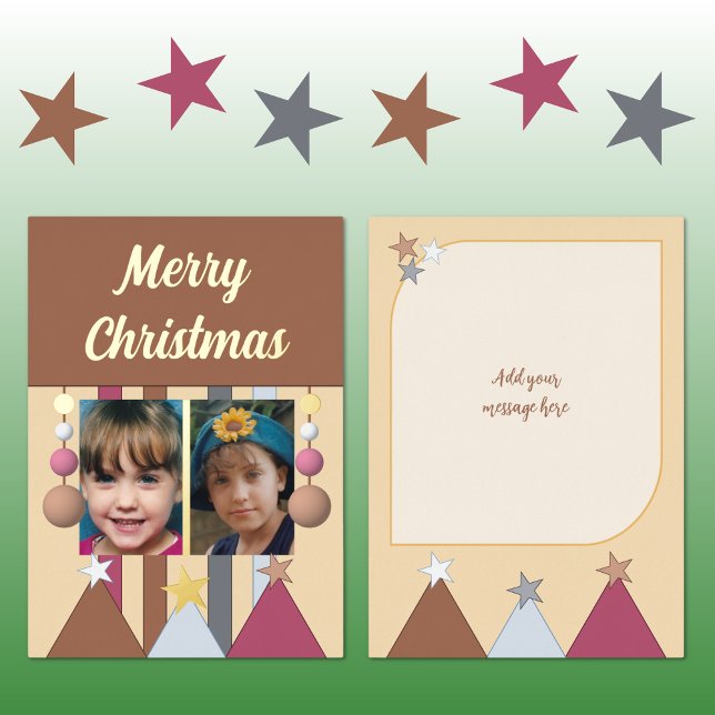 Stars and baubles merry christmas photos brown foil holiday card (Creator Uploaded)
