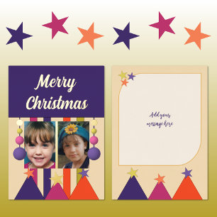 Stars and baubles merry christmas photos purple foil holiday card