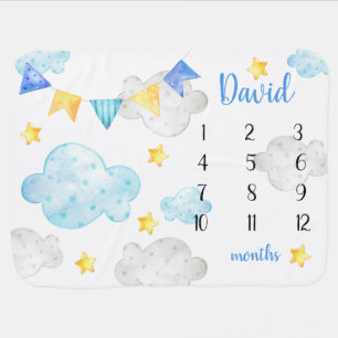 Stars and Clouds Blue Cute Boy Monthly Milestone Baby Blanket